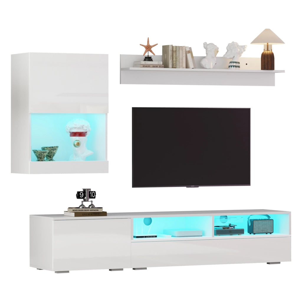 Mobile porta TV set con LED e finitura lucida con 3 ante e 2 vani aperti per soggiorno bianco 175 × 39 × 34 cm
