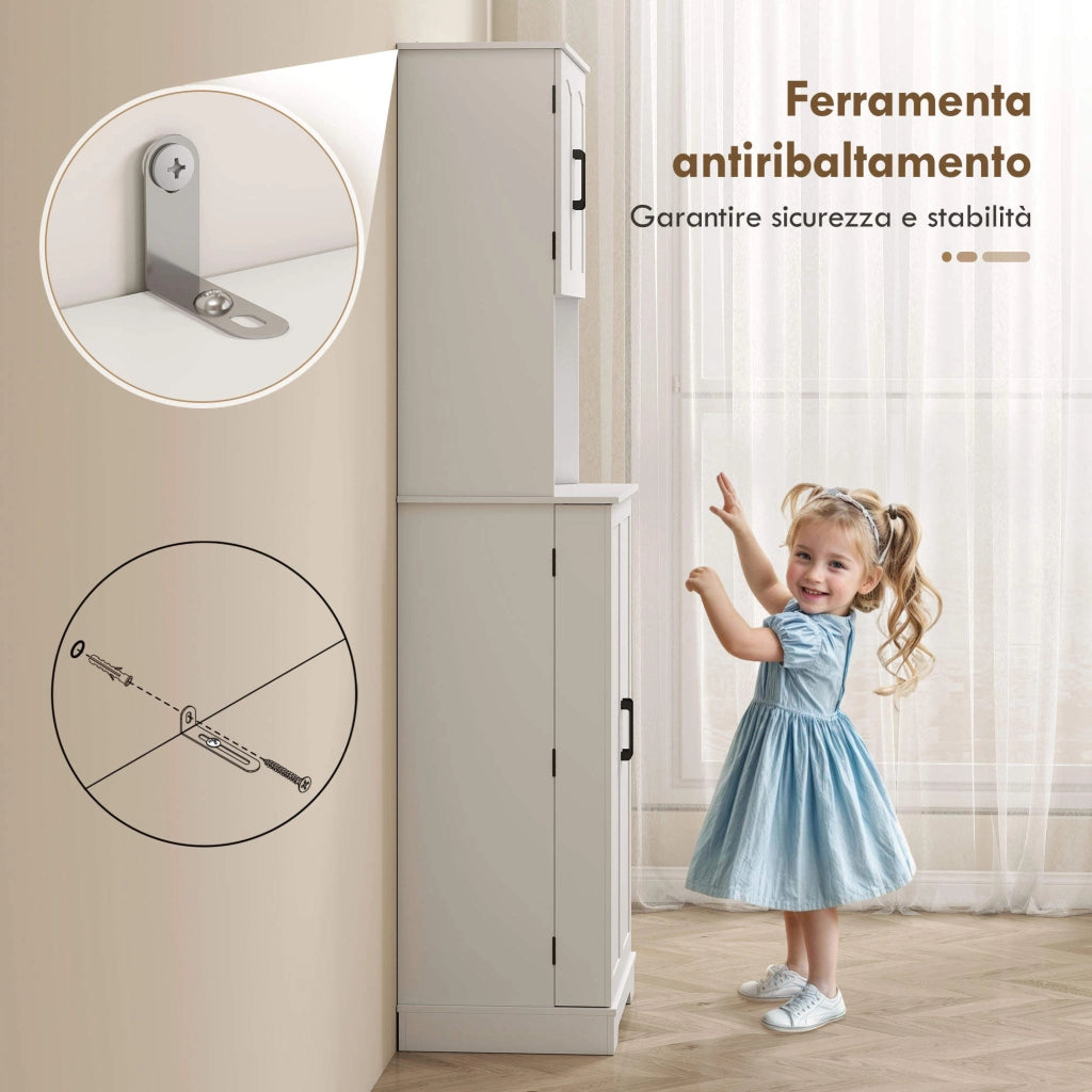 Credenza da Cucina Alta Stile Country, 2 Armadietti e 8 Portaspezie, 60x40x181.5 cm, Bianco