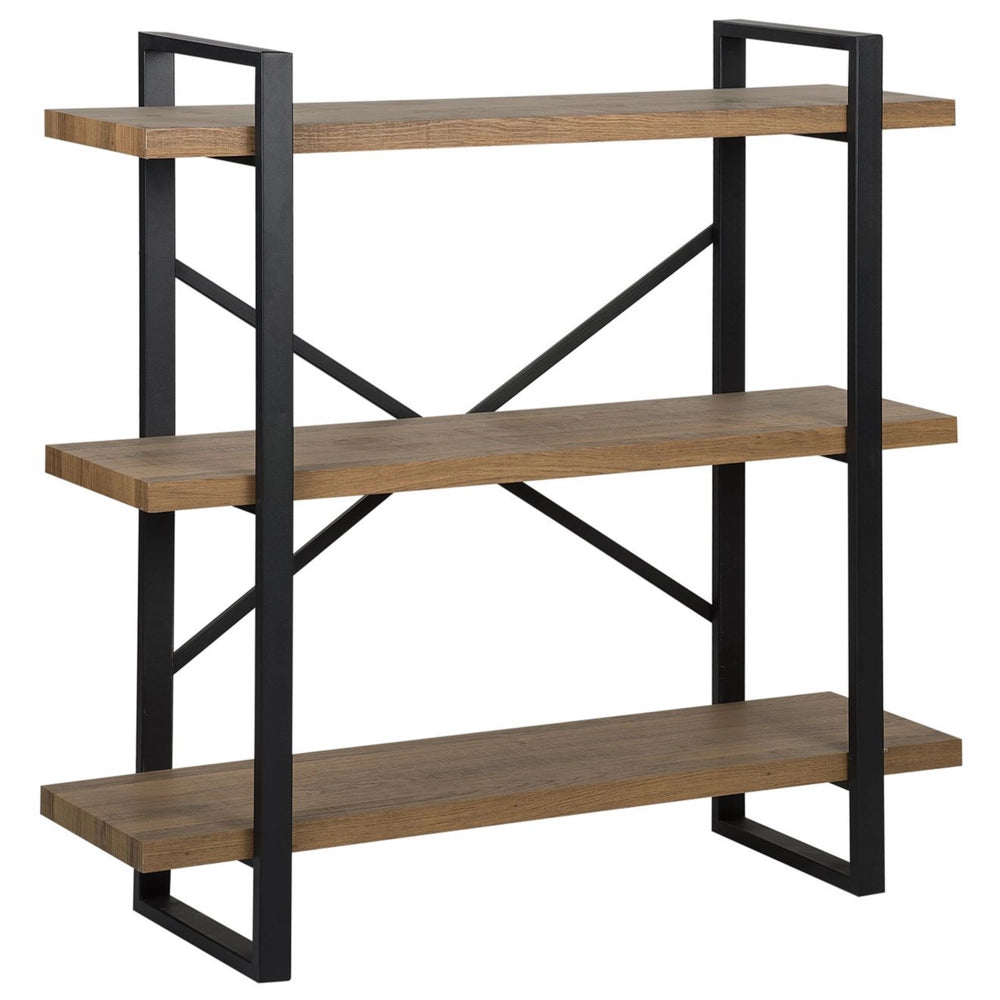 Libreria a 3 livelli in legno scuro con struttura in metallo Nero Ripiani aperti contenitore Minimalista unità autoportante