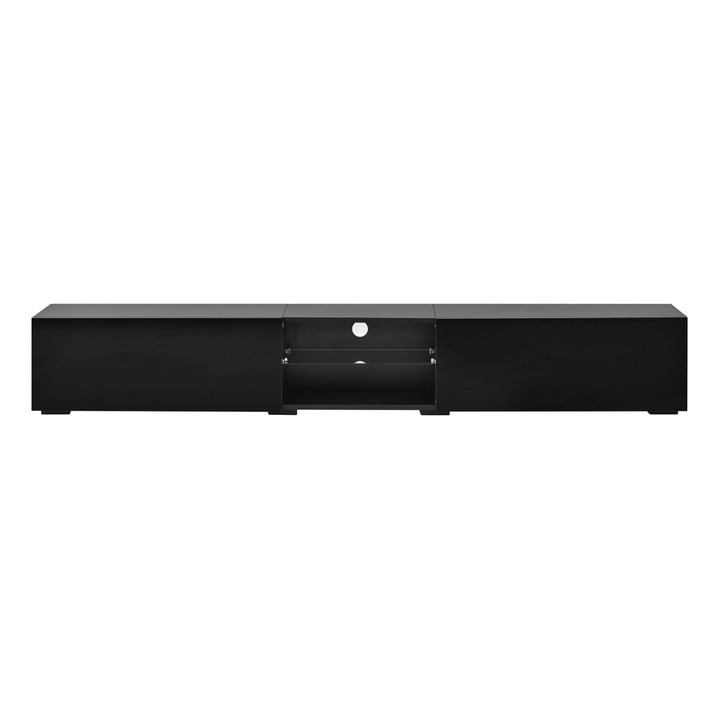 Mobile porta TV con LED e 2 ante a ribalta, vano aperto con ripiano trasparente e passacavi, nero, 200 × 30 × 30 cm