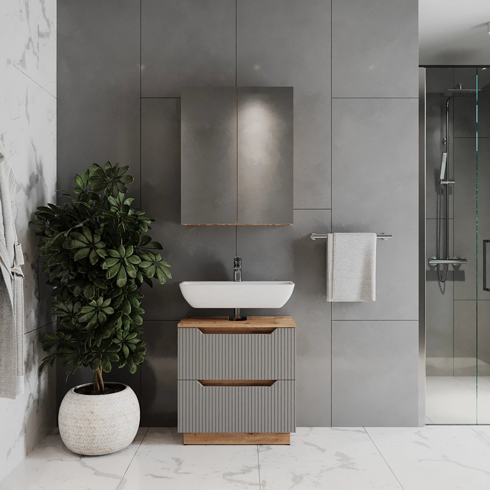 Vicco Set di mobili da bagno Rovere/grigio a righe 2 parti