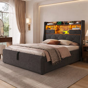 DESMIU Letto imbottito 90 × 200 cm 1 posto con LED, USB, Type-C, vano contenitore idraulico, senza materasso, grigio