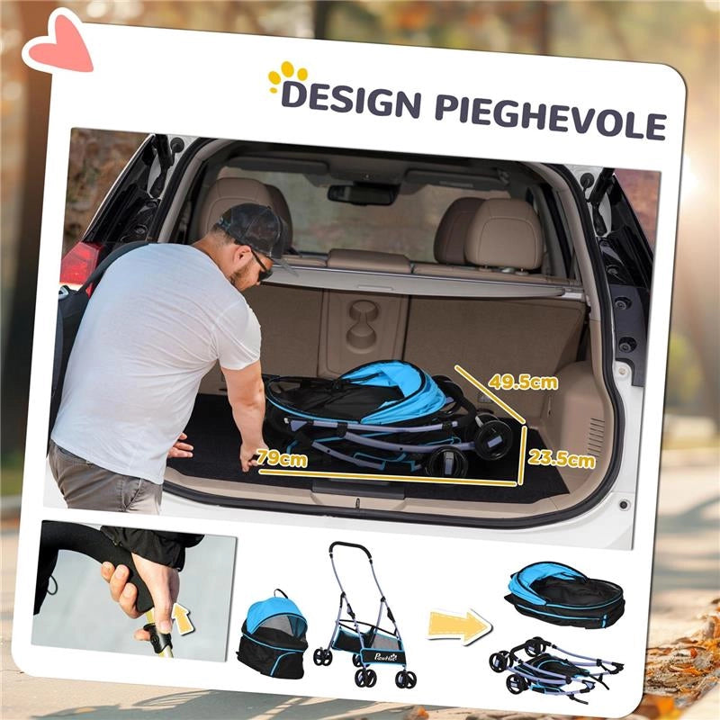 PASSEGGINO PER CANI CONVERTIBILE CON 2 GUINZAGLI E CUSCINO IN ACCIAIO E POLIESTERE, 82X49.5X98 CM AZZURRO E NERO