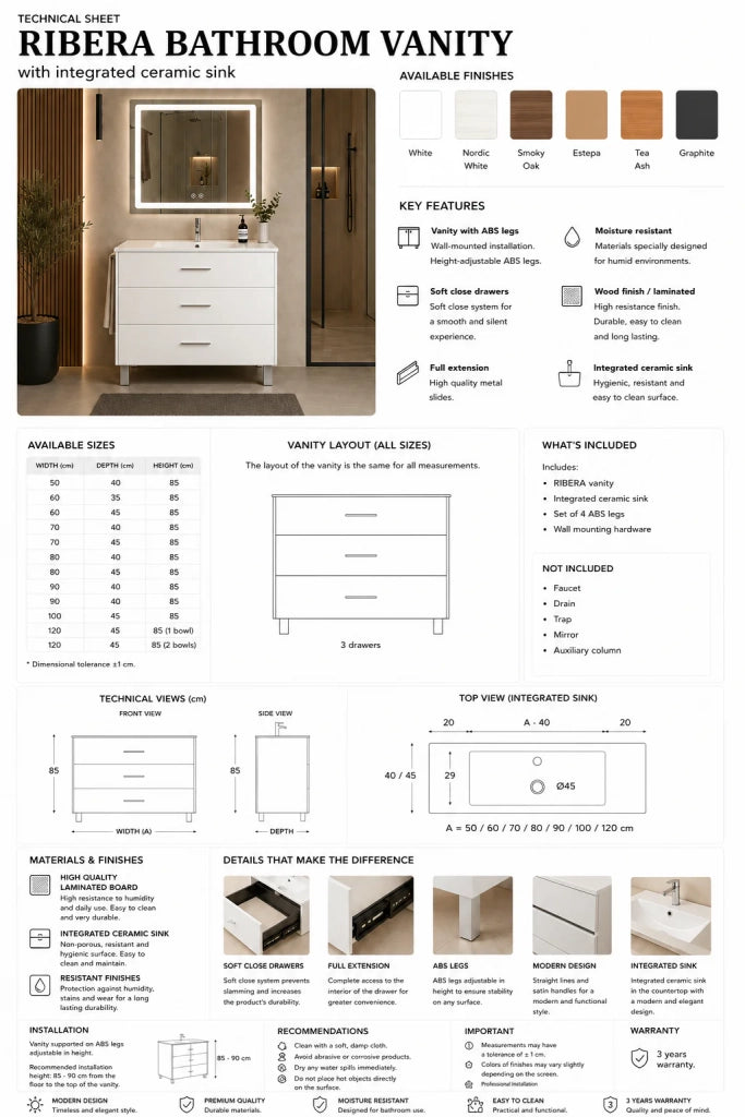 Mobile bagno con lavabo ORIGENBATH RIBERA senza specchio 100x40 cm rovere smoky