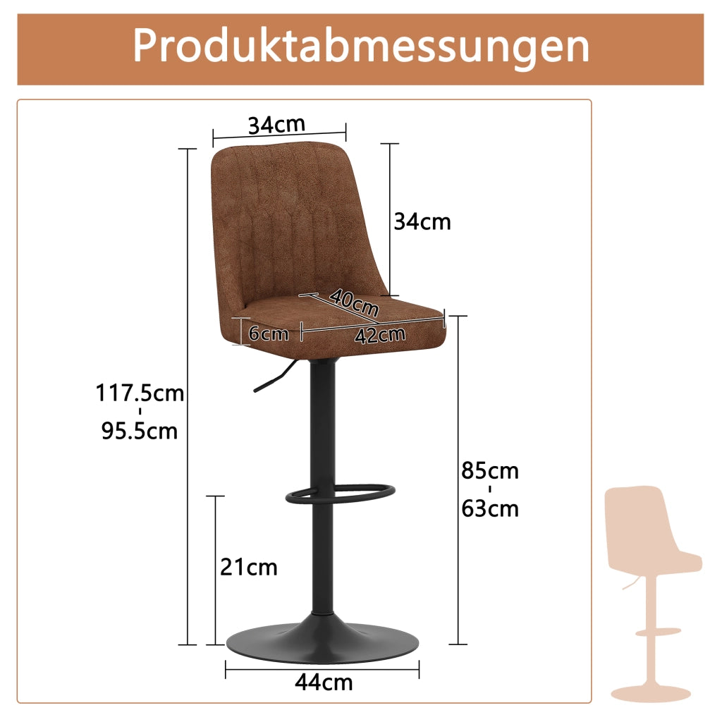 Sgabello da bar set da 2 girevole 360° e regolabile in altezza con seduta imbottita in tessuto tecnico marrone e nero