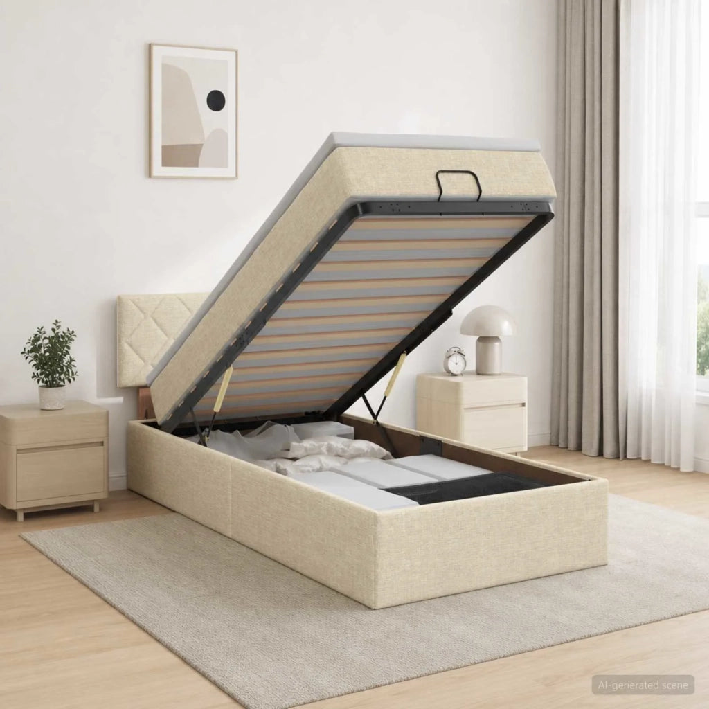 Letto Ottomano con Materasso e LED Crema 90 x 190 cm Tessuto 3456958