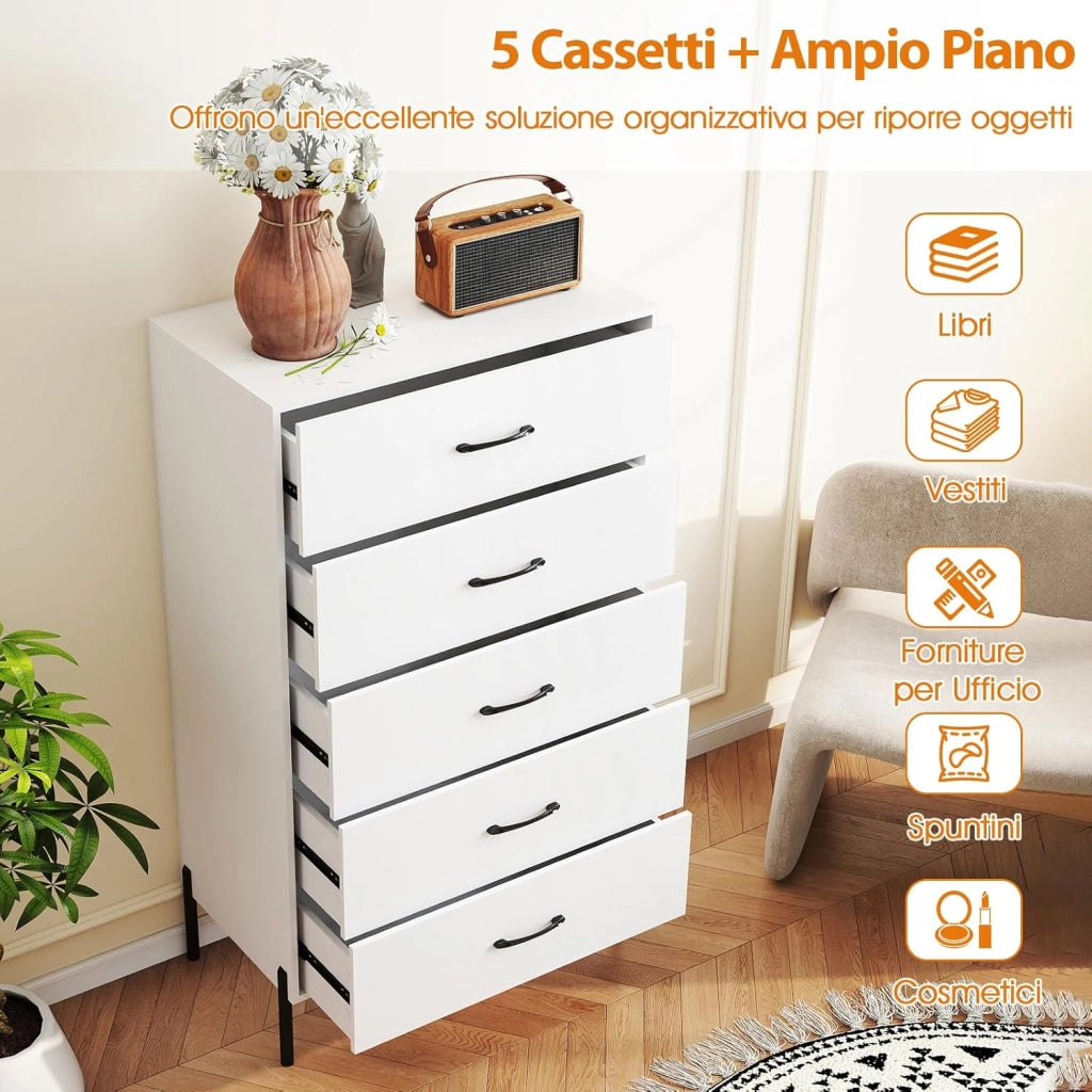 Cassettiera 5 Cassetti, Comò Alta Moderna in Legno con Gambe e Maniglie in Metallo, con Kit Anti-Ribaltamento, per Ufficio, Soggiorno e Camera da Letto, 71 x 40 x 125 cm