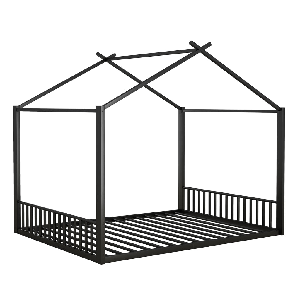 Letto a baldacchino in metallo nero 140x200 cm con struttura a forma di casa