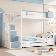 Letto a castello-Xylo-90x200cm, motivo conigli, cassetti, bianco+blu