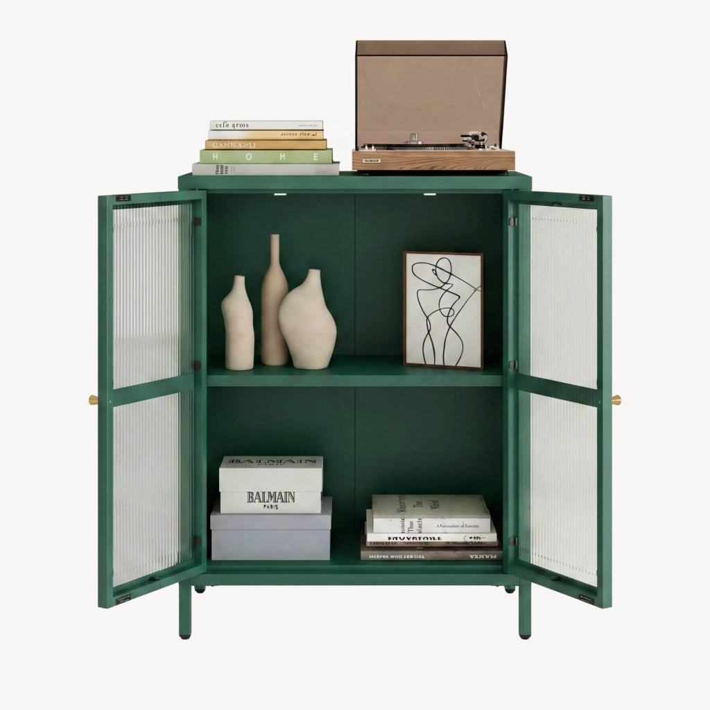 Credenza Säkylä Comò con Ante in Vetro Scanalato 84x64x35 cm Verde Abete [en.casa]