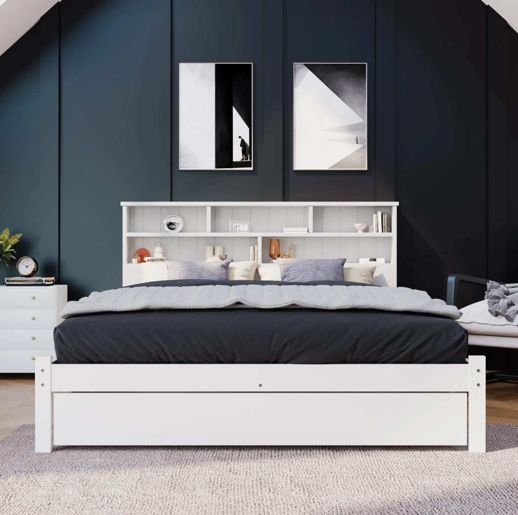 LETTO matrimoniale 140x200 cm bianco in legno con testiera a libreria e cassetti