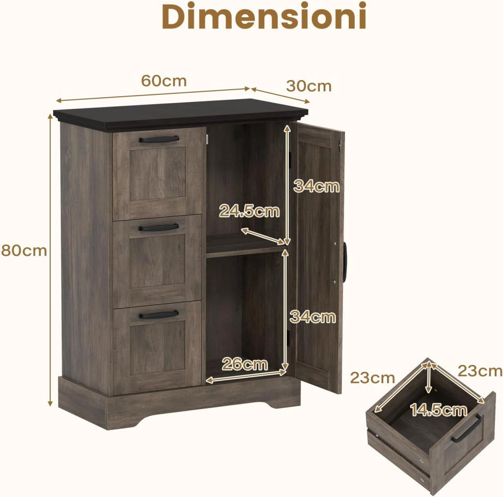 Mobile Bagno da Terra, Mobiletto Portaoggetti Moderno con Ante e 3 Cassetti, Armadietto Bagno per Cucina e Soggiorno, 60 x 30 x 80 cm (Grigio)