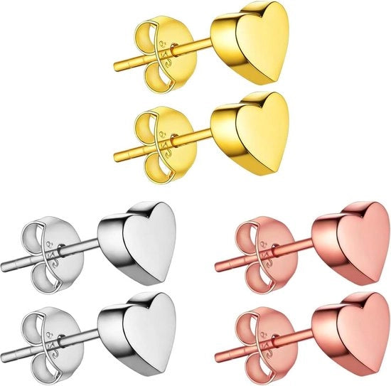 Tre paia di orecchini miniaturi in acciaio inossidabile roségold per donne - orecchini d'amore, regali per donne - gioielli da donna in acciaio laminato.