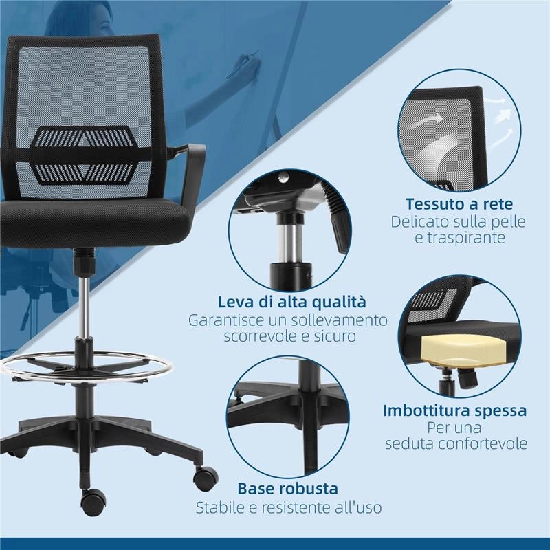 SEDIA DA UFFICIO REGOLABILE IN TESSUTO A RETE CON BRACCIOLI E ANELLO POGGIAPIEDI, 64X59X104-124 CM, NERO