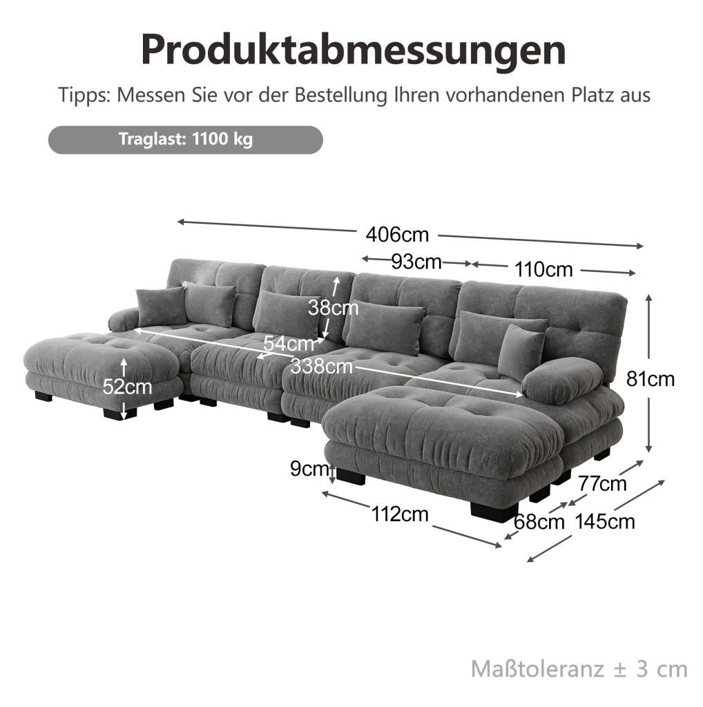 Divano modulare 406x145x81 cm con pouf mobili in chenille grigio