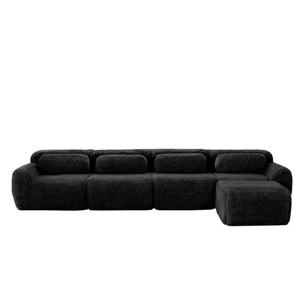 OKWISH Divano Angolare 4 Posti Modulare, senza Montaggio con Chaise Longue e Seduta Ampia, Tessuto Peluche, Nero
