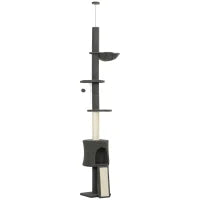 Albero per Gatti a Soffitto Alto 220-240 cm con Amaca, Casetta, Piattaforme a Fiore e Pali in Sisal, Grigio