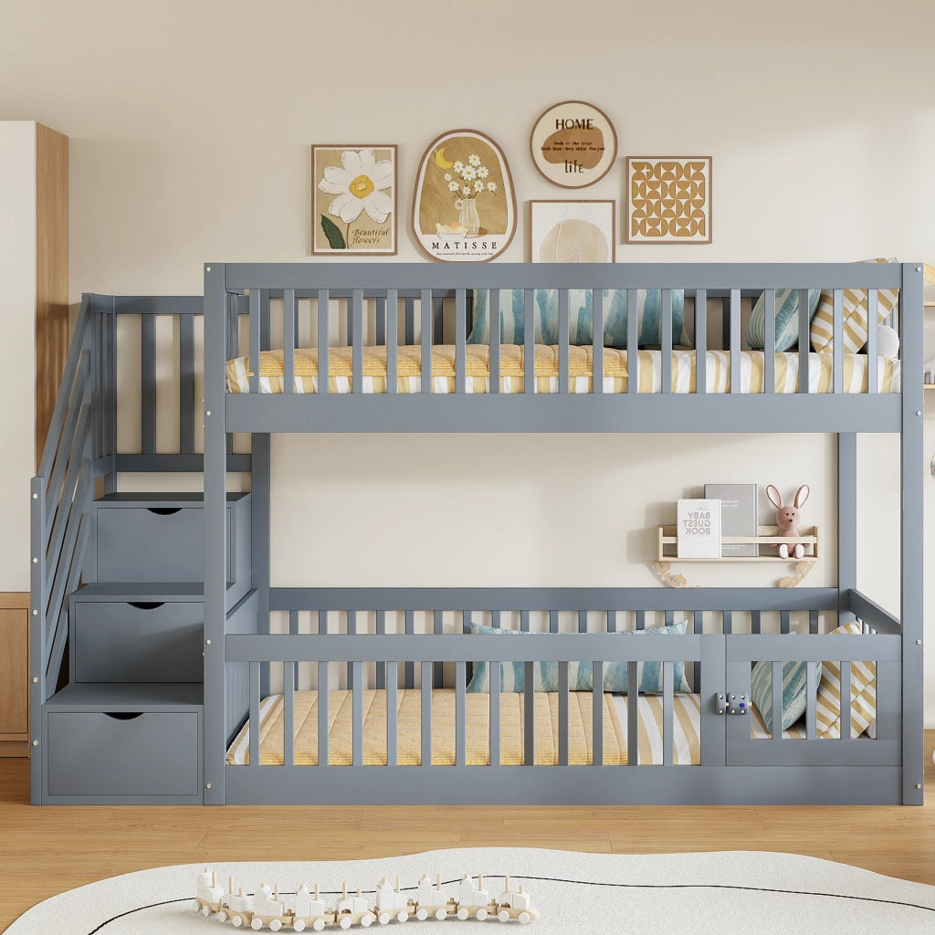 Letto a castello per bambini 90x200 - Zephmum - Grigio con scala di sicurezza e cassetti