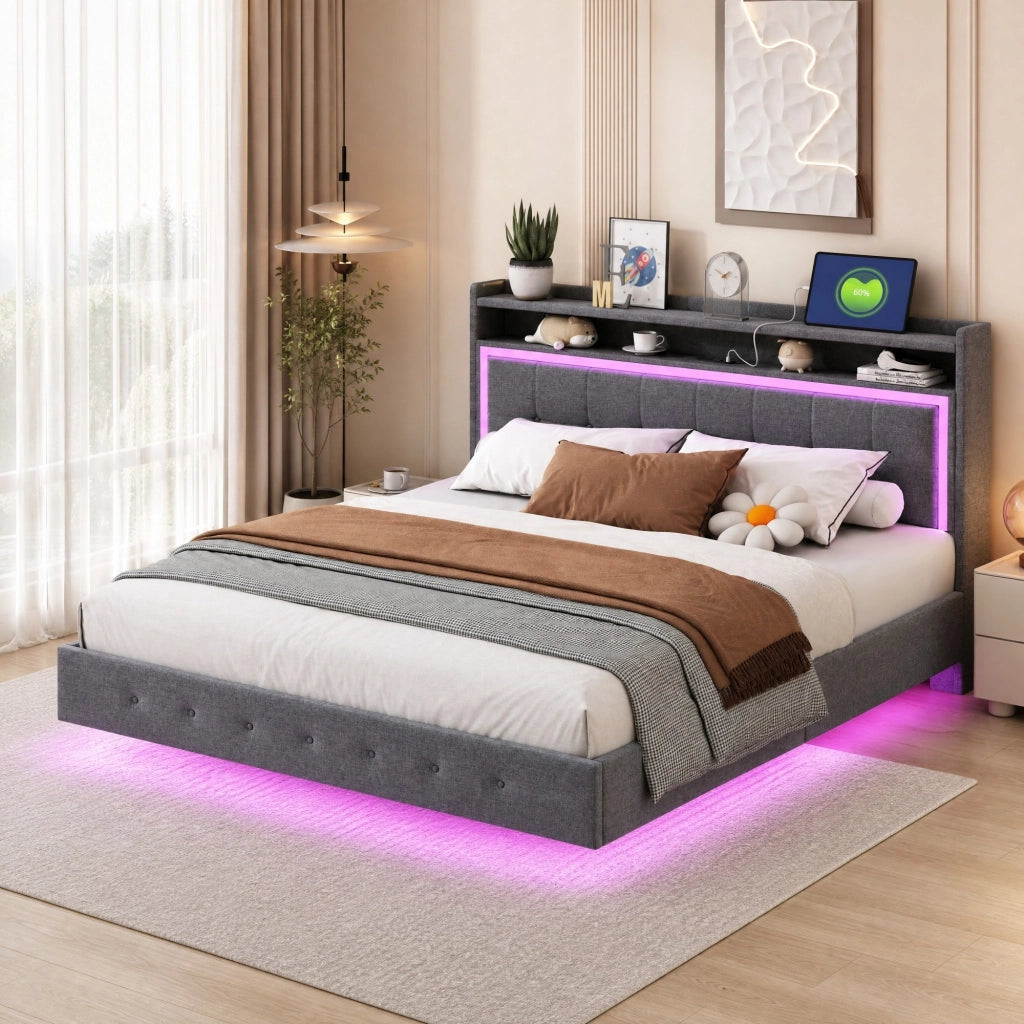 Letto matrimoniale 160 × 200 cm con USB, LED e contenitore in testiera, senza materasso, grigio