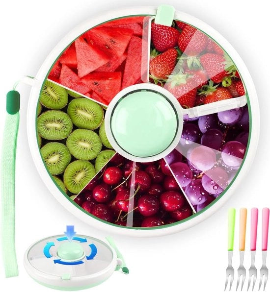 Snackbord con 5 cassette, snack spinner con 4 piccole forchette e coperchio, snackbord per bambini, scatola di snack in plastica, contenitore di snack riciclabile, tavolo per dolci, lavastoviglie resistente, BPA libero