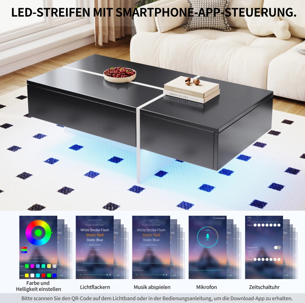 Tavolino da caffè lucido nero 100x50x34;5 cm con LED controllabile da app e 3 cassetti