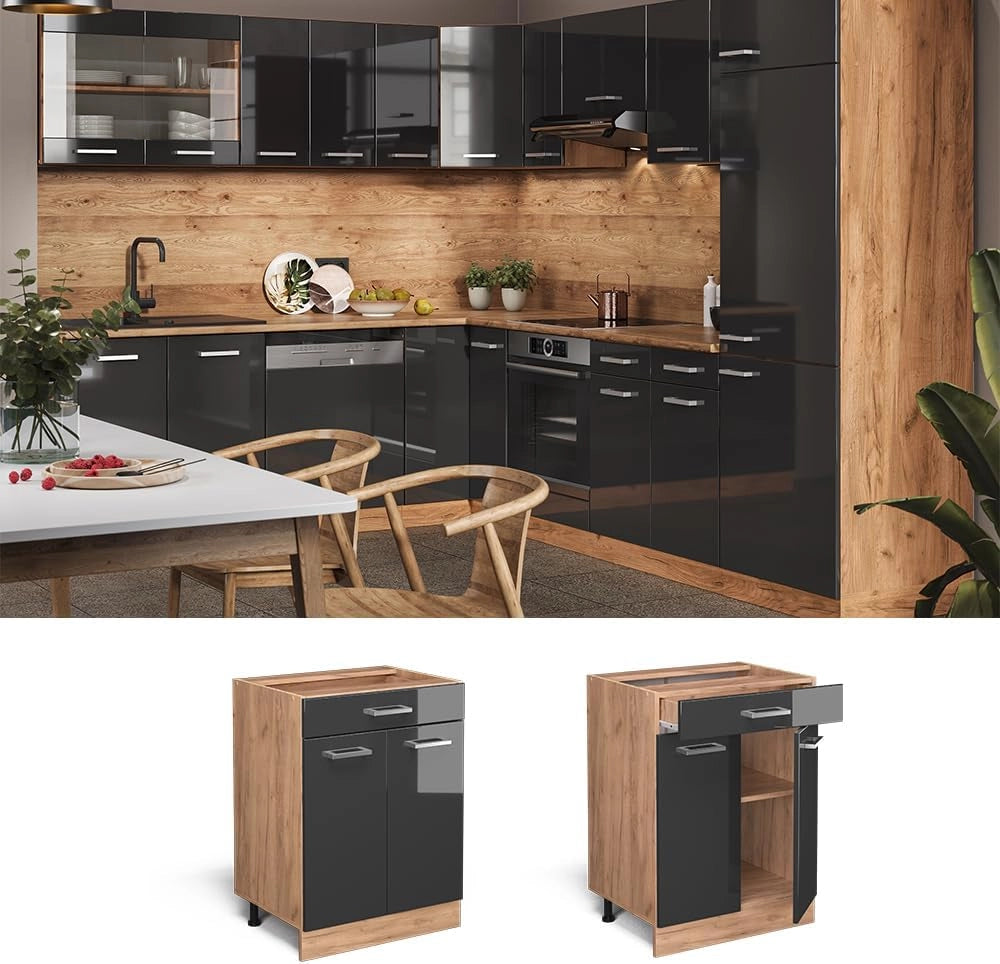 Mobiletto base per cucina R-Line, Antracite lucido, 60 cm con cassetto, senza piano di lavoro, per la libera combinazione all'interno di sistemi cucina modulari