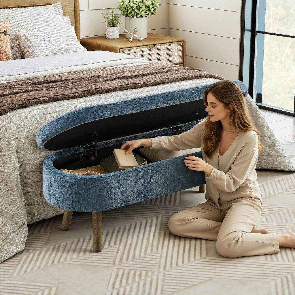 Panca Contenitore Multifunzione ¨C MINIMAL ¨C Chenille, Legno Massello, 110x40x42, Blu