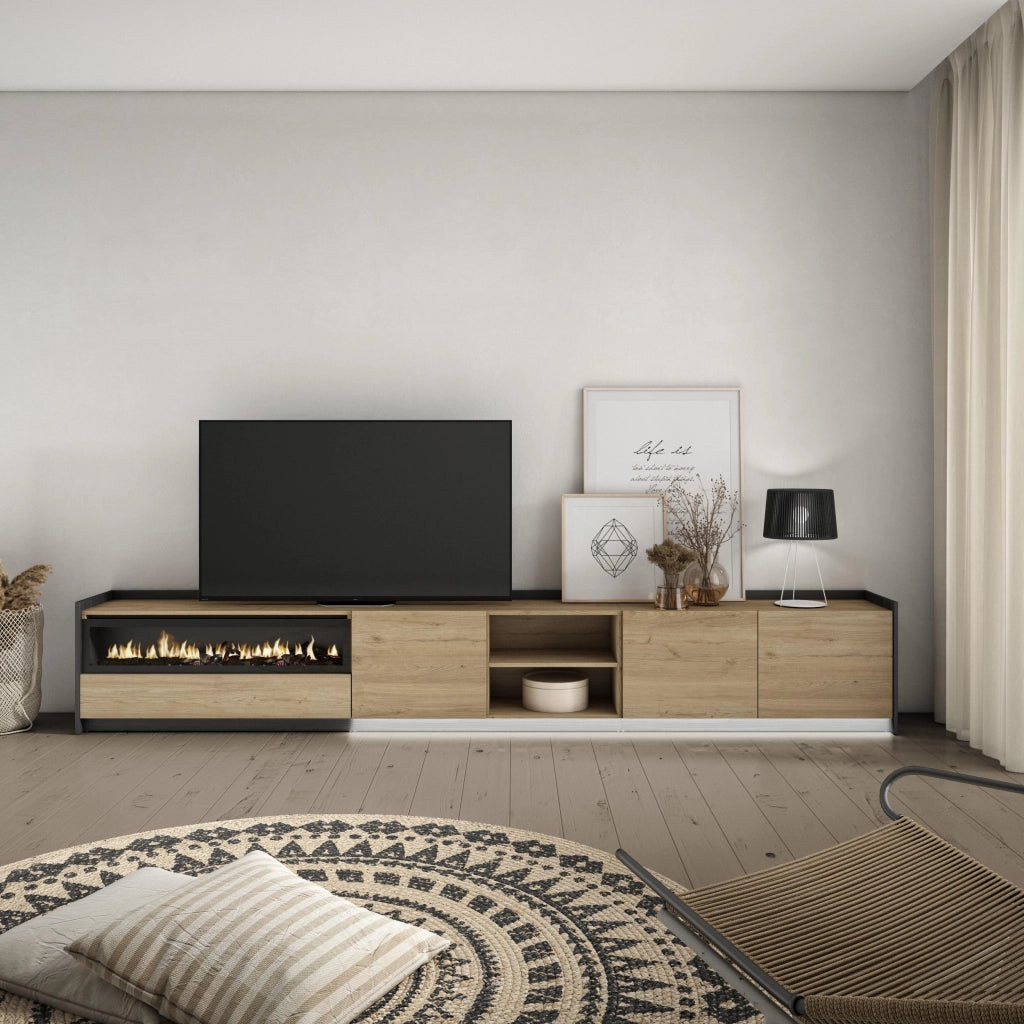 Mobile TV Soggiorno, 310x50x37 cm, Per TV fino a 80", Camino elettrico, LED, Rovere e nero
