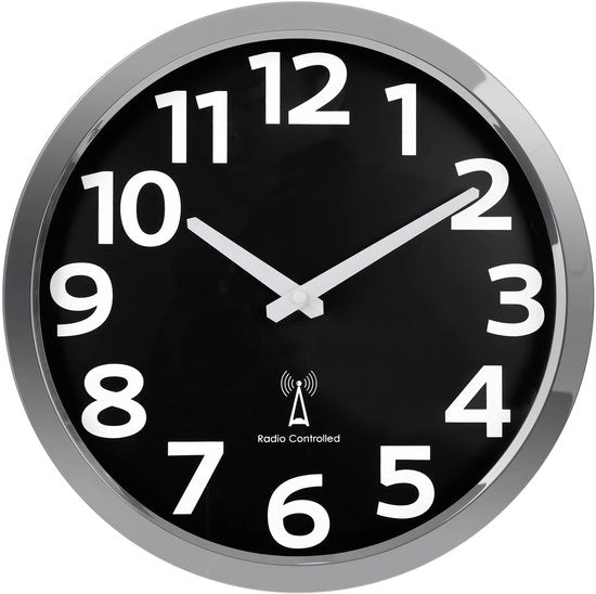 Cronometro radiocomandato per parete con cornice in acciaio inossidabile, orologio radiocomandato silenzioso, orologio per parete moderno nero per cucina, soggiorno, camera da letto, ufficio, bagno, 30 cm