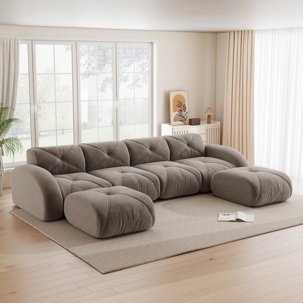 Divano modulare a U 4 posti con 2 pouf in chenille senza struttura interna e montaggio per soggiorno taupe