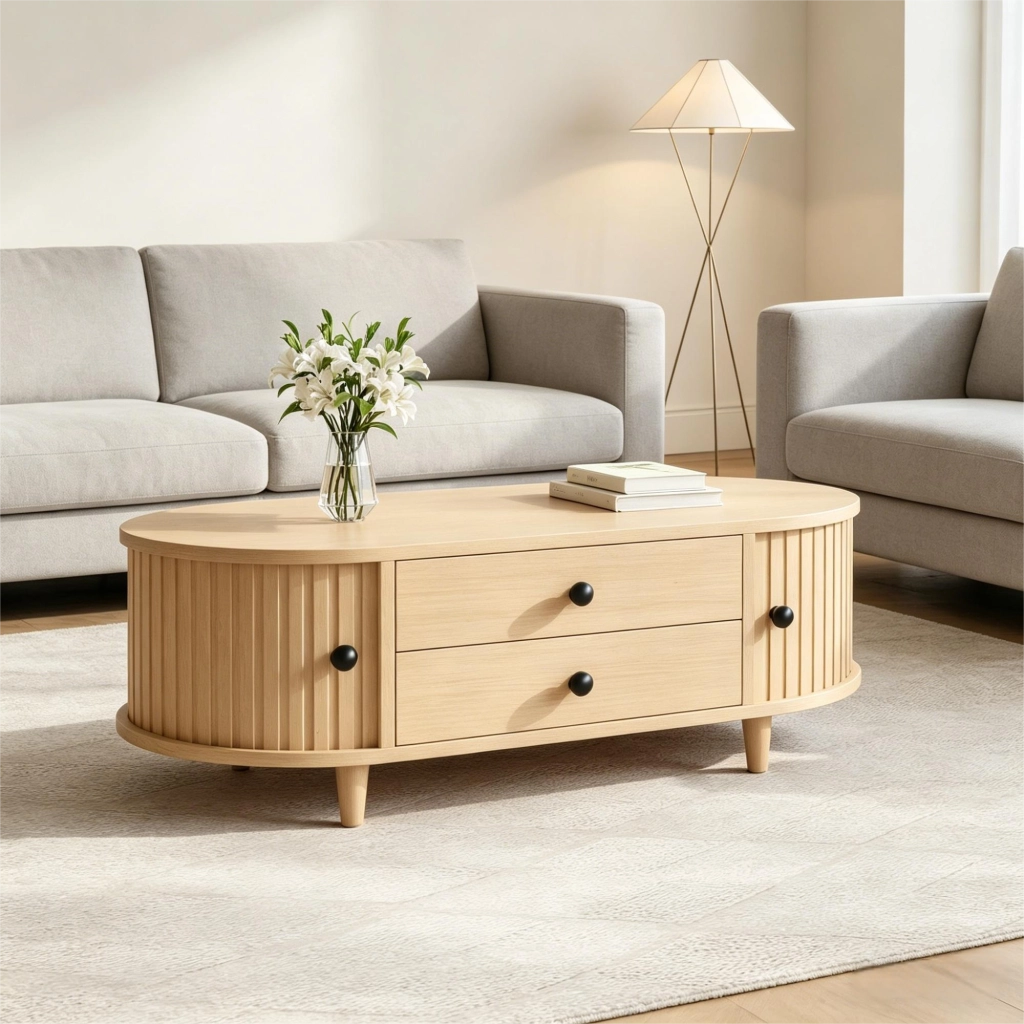 Tavolino basso con 2 cassetti e ante scorrevoli, in MDF con gambe in legno massello, per soggiorno, 100 × 50 × 36 cm