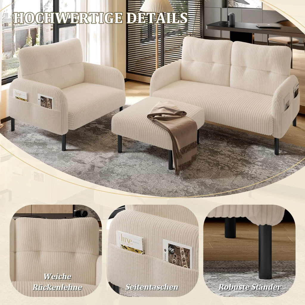Divano 2 posti; poltrona e pouf con tasca laterale; schienale ergonomico in velluto a coste beige