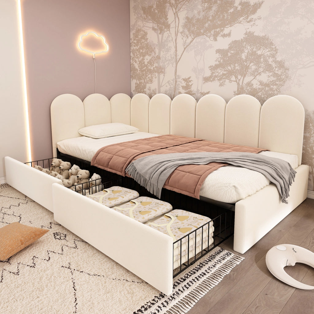 Divano letto in velluto con cassetti e schienale, 90x190 cm, beige