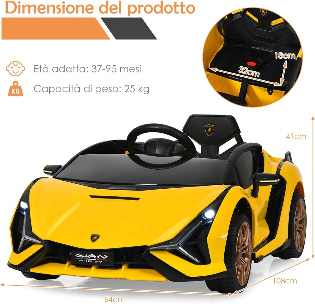 Macchina Elettrica Lamborghini per Bambini da 12V, Veicolo Elettrico Cavalcabile con Luci LED MP3 Telecomando, Fino a 5km/h, +3 Anni (Giallo)