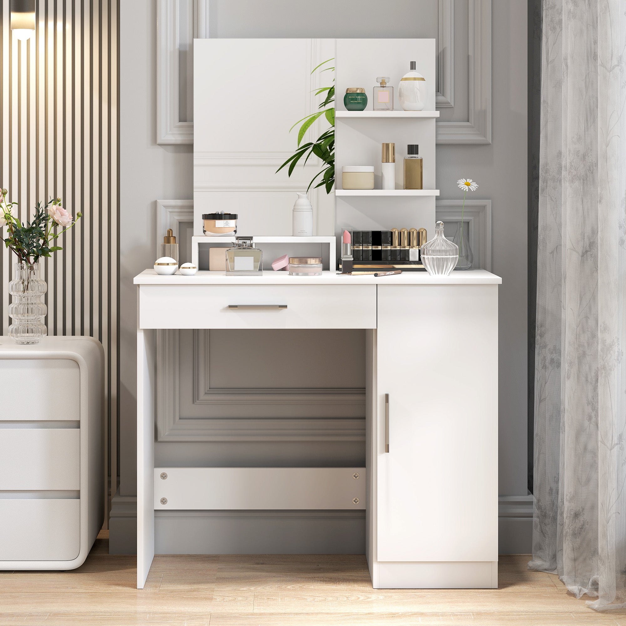 Toeletta da Camera 90x38x138 cm con Armadietto Cassetto Specchio per Trucco e Ripiani Aperti Bianco