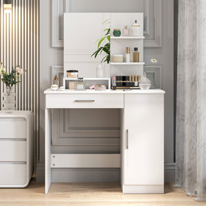 Toeletta da Camera 90x38x138 cm con Armadietto Cassetto Specchio per Trucco e Ripiani Aperti Bianco