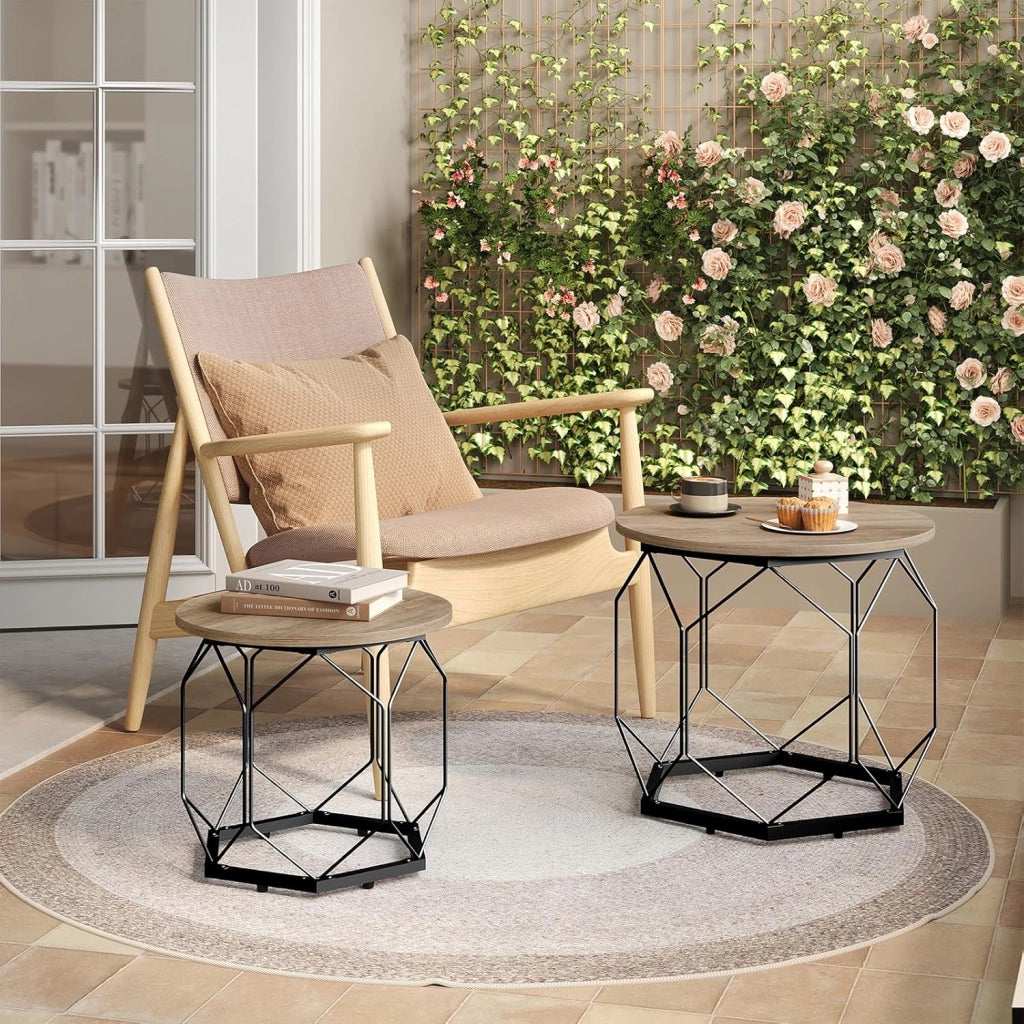Set di 2 Tavolini da Salotto Rotondi, Tavolini Contenitori in Legno e Metallo, Tavoli Caffè con Piano Rimovibile, per Soggiorno, Camera da Letto, Legno Nero, BTS05szdc