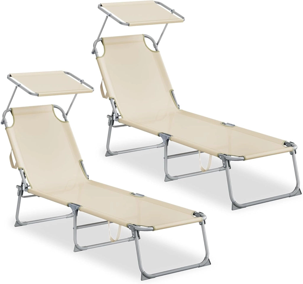 SONGMICS Sedie a Sdraio Pieghevoli, 189 x 53 x 28,5 cm, Lettini Prendisole, Portata 110 kg Ciascuno, Parasole e Schienale Regolabili, per Terrazza e Balcone, Set da 2, Nero GCB294BZ02