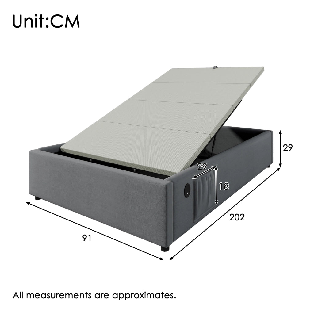 Letto Contenitore Letto Singolo 90 x 200 cm con USB; USB-C e Tasca Laterale; senza Materasso; Grigio