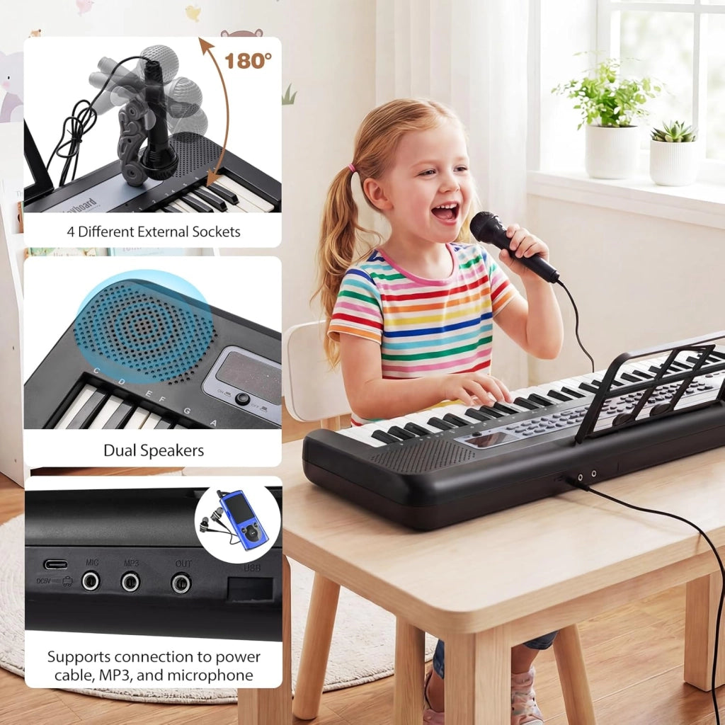 Tastiera elettronica per bambini di 3 anni+, microfono e leggio, pianoforte digitale 61 tasti con supporto regolabile, pianoforte elettronico, 200 toni e ritmi, 20 demo (nero)