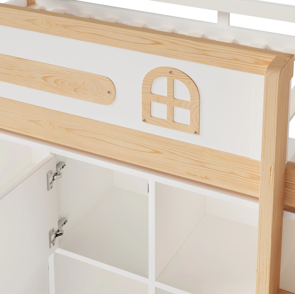 Letto semialto 90x200 cm con lavagna; vani contenitore e scala; bianco e naturale