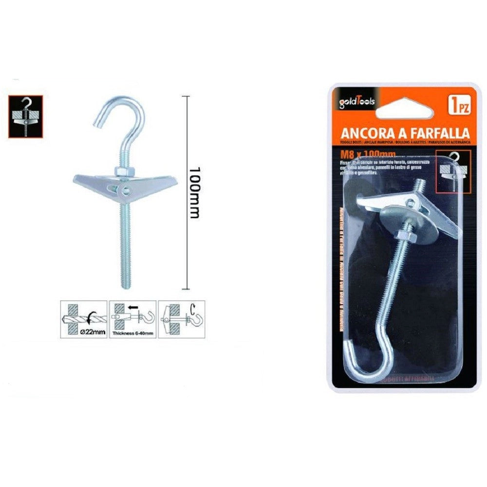 Trade Shop - Ancora A Farfalla Con Gancio In Acciaio Con Dado Rondella M8x100mm Fischer 57231 -