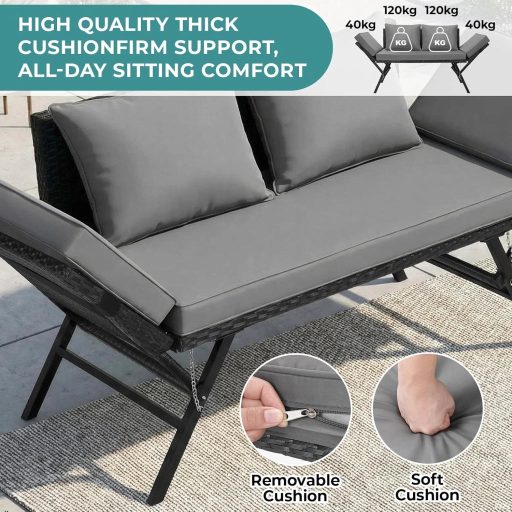 Divano Esterno Giardino in Polyrattan con Funzione Reclinabile, Divanetto da Esterno 2 Posti,Mobili da Giardino in Rattan,Divano in Polyrattan con Braccioli Regolabili,per Giardino,Terrazza (Nero)