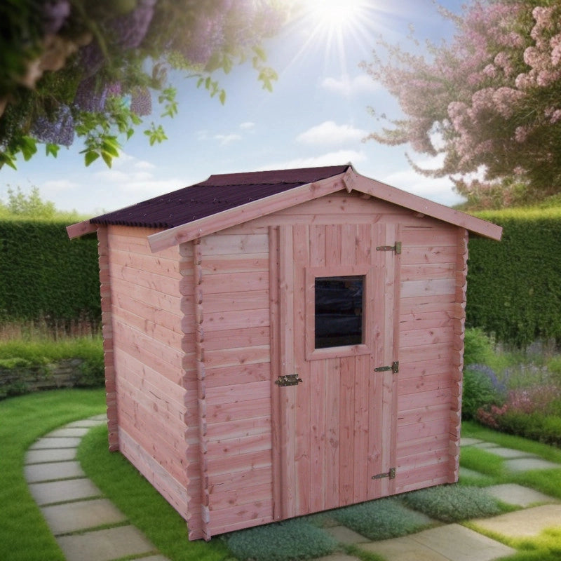 Casetta da giardino in legno massello, pareti 28 mm – 200x200 cm – tetto bitumato e porta finestrata – DU2020.02N Foresta