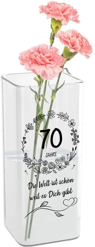 Vaso per il 70° anniversario con incisione, vaso di vetro con età e massima per il 70° compleanno come regalo per donne, regalo per moglie, madre, nonna per il 70° compleanno