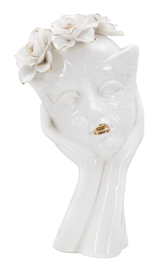Vaso in ceramica bianca con decori oro 16,5x14x27,3cm Woman Mask