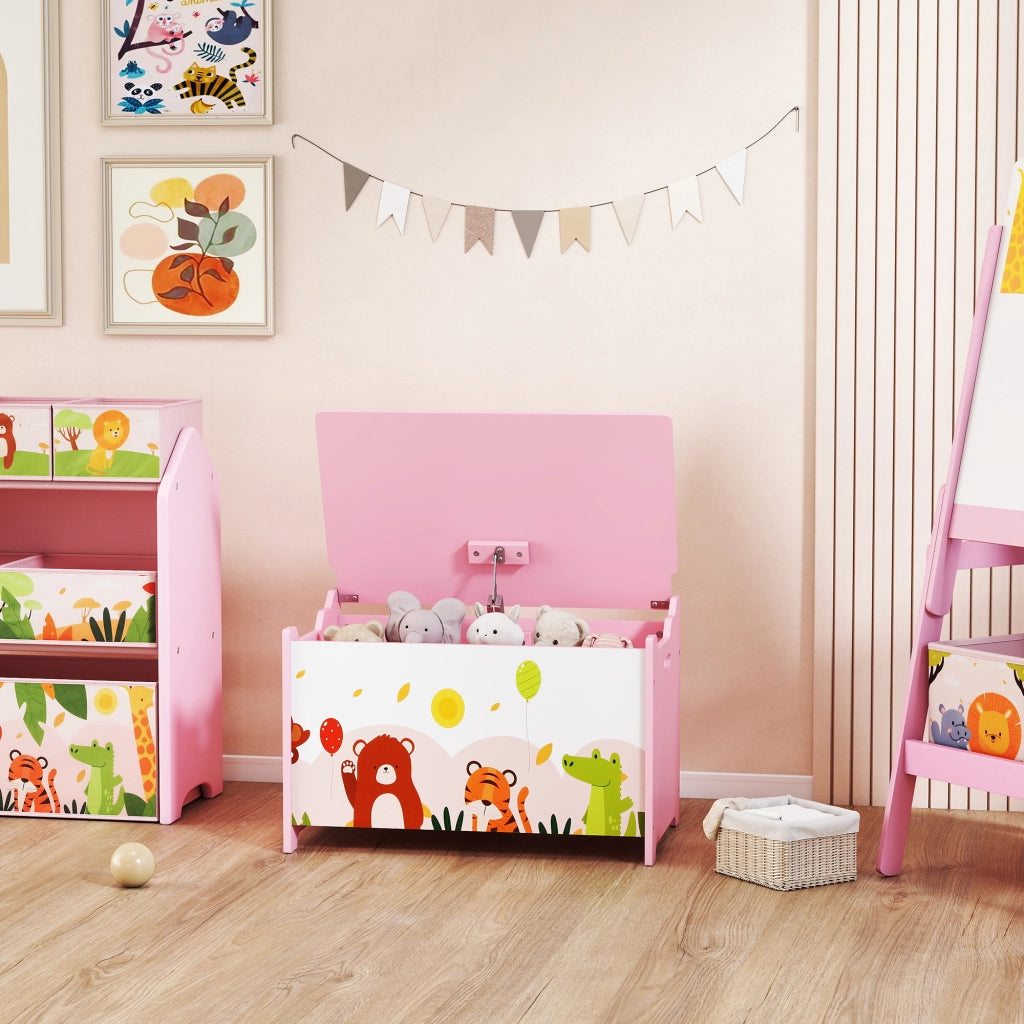 Baule Portagiochi per Bambini Tema Animali 60x37x39 cm con Cerniere di Sicurezza in Legno Rosa