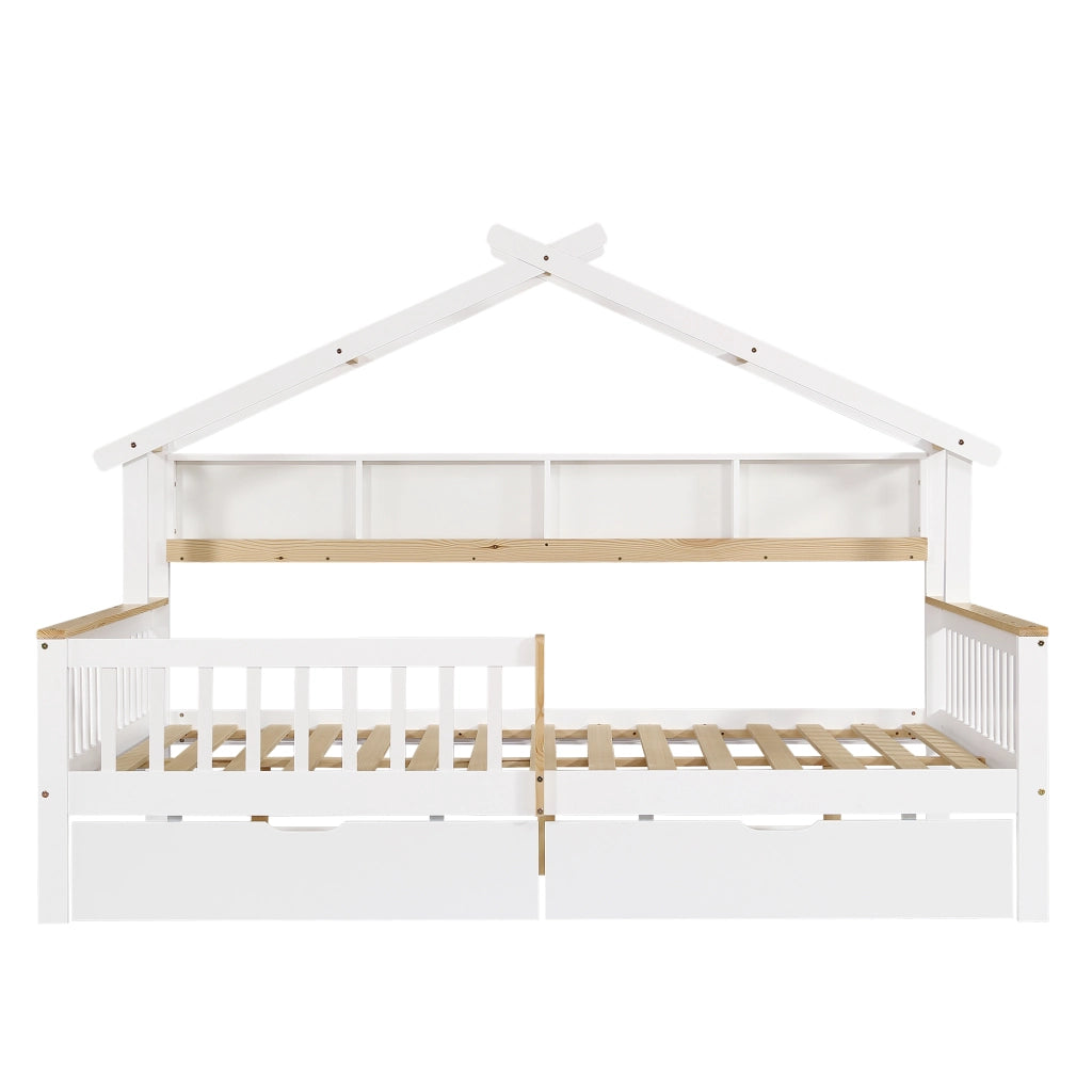 Letto per bambini con tetto e protezioni 140x200 cm; bianco e naturale