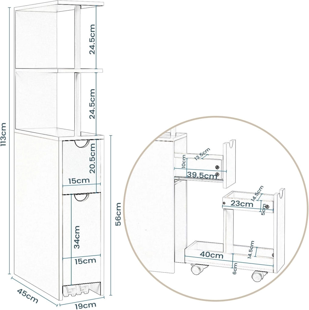 Mobile da Bagno Stretto, Mobiletto da Bagno Salvaspazio con 2 Cassetti, 2 Ripiani, Mobiletto Bianco per Cucina, Soggiorno, in Legno, 19x45x113 cm