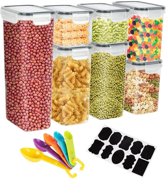 Set di 7 contenitori di conservazione a chiusura ermetica, BPA-free, contenitori di conservazione per la cucina, contenitori di plastica, a chiusura ermetica per pasta, cere per colazione, organizzatore con etichette e cucchiaio.